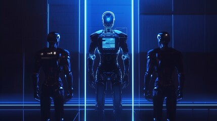 Poster - Futuristic AI Powered Humanoid Robots in High-Tech Environment
