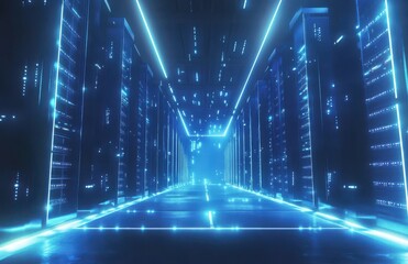 Poster - Futuristic Data Center with Glowing Blue Lights and Server Racks Creating a Modern Digital Environment for Technology and Innovation