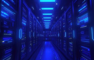 Poster - Futuristic Data Center with Neon Lighting and Rows of Servers Providing Technology Infrastructure for Modern Computing Needs in an Abstract Digital Environment