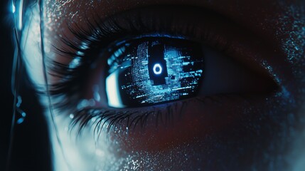 Poster - Close Up Futuristic Depiction of an AI Driven Eye with Digital Data