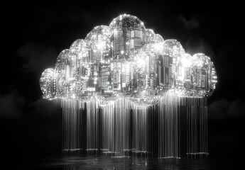 Poster - Futuristic Digital Cloud with Glowing Data Streams in a Dark Setting Representing Technology and Innovation in Data Storage and Connectivity