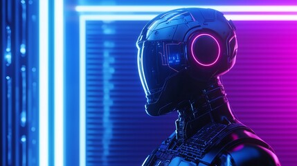 Poster - Futuristic AI Robot in Bold Neon Lighting and Cyber Environment
