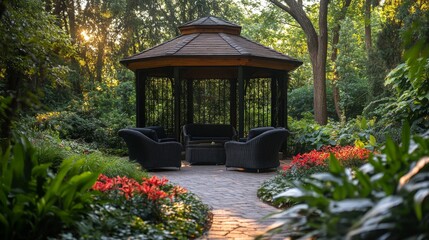 Aufkleber - A quaint gazebo with comfortable seating invites relaxation in a lush garden. Surrounded by vibrant flowers and tall trees, the setting glows warmly in the evening light, creating a peaceful retreat.