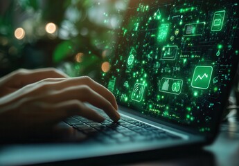 Aufkleber - Hands Typing on Laptop with Digital Interface Showcasing Data Visualizations and Technology Concepts in Green Color Scheme, Symbolizing Modern Innovation and Analytics