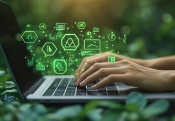 Aufkleber - Hands Typing on Laptop Surrounded by Nature with Digital Icons Representing Data, Technology, and Environment in a Green Landscape