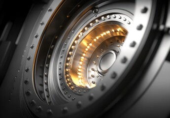 Poster - Intricate Close-Up of a Highly Detailed Mechanical Component with Glowing Lights and Reflective Metal Surfaces, Showcasing Precision Engineering and Modern Design Elements