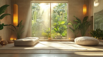Fototapete - A tranquil room features soft cushions and abundant greenery visible through large windows, illuminated by gentle morning light. The atmosphere invites relaxation and peace.