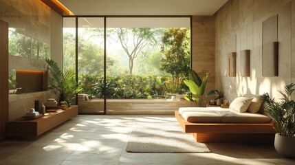 Leinwandbilder - Bright sunlight floods a minimalist indoor space adorned with plants, creating a tranquil atmosphere. A cozy bed and warm decor enhance the peaceful ambiance.