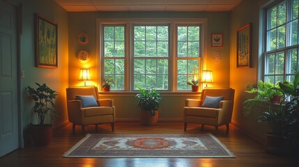 Aufkleber - A welcoming living room illuminates with soft light from table lamps, showcasing two comfortable armchairs near large windows filled with lush greenery outside.