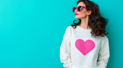 Young beautiful woman wearing a sweater with a pink heart shape print isolated on a blue teal background banner with copy space , female love fashion and valentine's day banner