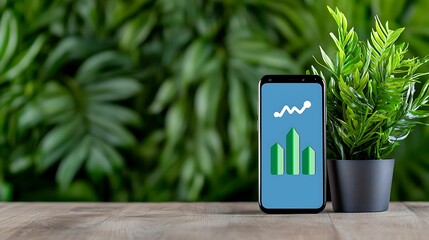 Wall Mural - a smartphone displays a growth chart next to a small potted plant, set against a backdrop of lush gr