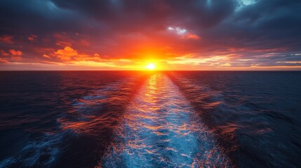 Poster - As the sun sets on the horizon, vibrant orange and purple hues fill the sky, casting reflections on the calm ocean waves. The tranquil atmosphere offers a moment of peace in the evening.