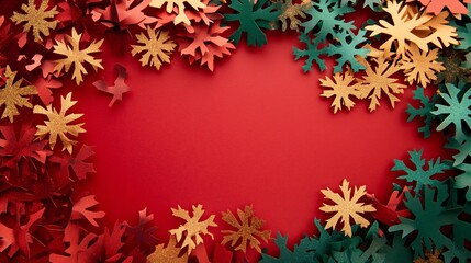 Wall Mural - Brightly colored paper flakes in red, green, and gold, arranged neatly on a festive red background