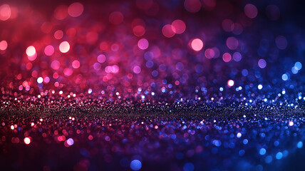 Poster - Vibrant bokeh background with sparkling glitter. This captivating image showcases a beautiful bokeh effect, transitioning smoothly from vibrant pink to deep blue, overlaid with a layer of sparkling gl