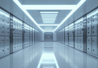 Poster - Modern Secure Vault Hallway with Bright Illumination and Sleek Metallic Storage Units, Reflective Floors, High-Tech Architecture for Financial and Security Purposes