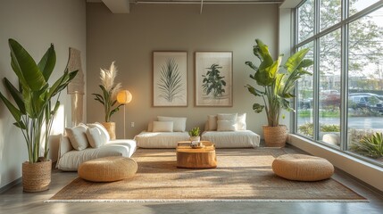 Aufkleber - This inviting living area features large windows allowing abundant natural light, plants enhancing the atmosphere, and a warm color palette, perfect for relaxation.