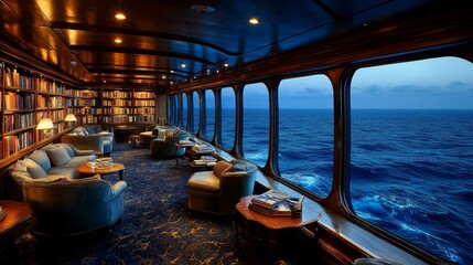 Poster - A tranquil library aboard a cruise ship features comfortable seating and large windows showcasing a stunning ocean view at sunset, creating a serene atmosphere for guests.