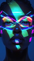 Canvas Print - Neon Light Patterns Illuminate A Womans Face