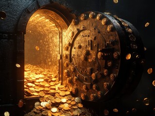 Poster - Shimmering Gold Coins Overflowing from an Open Vault Door Illustrating Wealth, Abundance, and Financial Security in a Dark, Atmospheric Setting
