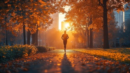 Poster - A person runs along a tranquil path surrounded by colorful autumn trees, with golden leaves carpeting the ground and the sun rising in the background, creating a peaceful atmosphere.