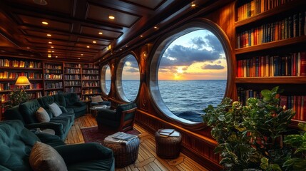 Poster - A beautifully crafted lounge features plush seating and bookshelves filled with books, overlooking the ocean at sunset, creating a serene atmosphere.