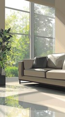 Wall Mural - Modern Beige Sofa Near Large Window Overlooking Greenery