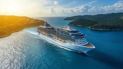Poster - A magnificent cruise ship gracefully navigates calm turquoise waters, surrounded by scenic green hills, under a stunning sunset sky.