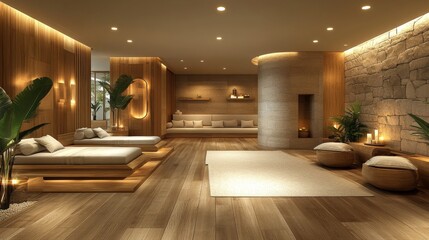 Poster - This tranquil wellness spa showcases wooden furnishings and soft lighting, creating a soothing ambiance perfect for relaxation. Plush seating areas invite guests to unwind.