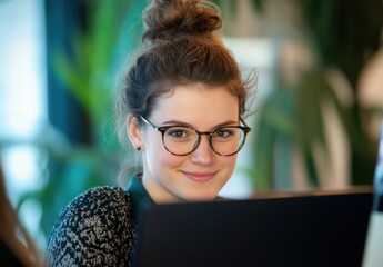 Aufkleber - Young Woman with Glasses Smiling While Working on Laptop in Modern Office Environment Surrounded by Greenery and Natural Light