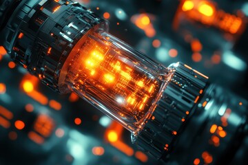 Poster - Futuristic glowing glass tube with intricate circuitry inside. Illustrates advanced technology, innovation, or data processing.