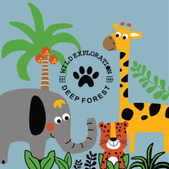 Wall Mural - Cute cartoon safari animals including elephant, giraffe, and tiger in jungle scenery with wild exploration theme. Children’s adventure concept
