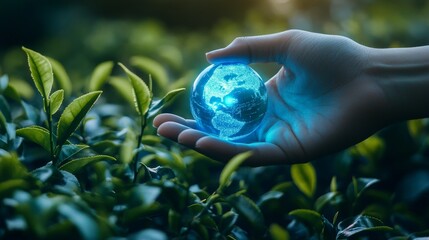 Wall Mural - a hand holding a blue holographic earth. sustainable environment. green nature and global environmen
