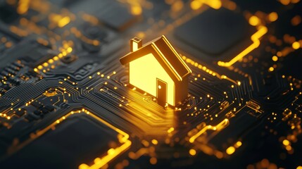 Poster - Abstract background for technology and smart home concepts. The circuit board of the house-shaped chip is glowing with yellow light. Futuristic Technology background. High Tech. Digital Technology    