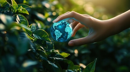 Wall Mural - a hand holding a blue holographic earth. sustainable environment. green nature and global environmen