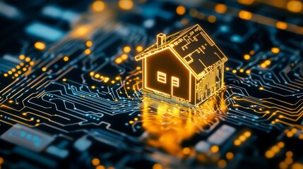 Poster - Abstract background for technology and smart home concepts. The circuit board of the house-shaped chip is glowing with yellow light. Futuristic Technology background. High Tech. Digital Technology    