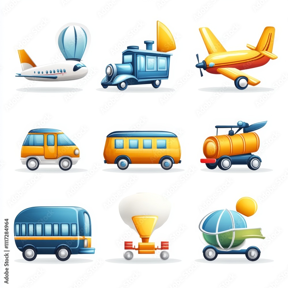 Cartoon Transportation Icons Set Airplane Train Bus Truck Car Stock ...