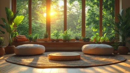 Poster - Sunlight streams through large windows into a tranquil indoor area. Cozy cushions are placed on a woven rug, creating a peaceful atmosphere with various plants nearby.