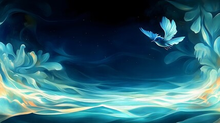 Wall Mural - Dreamlike Blue Bird Soaring Over Fantasy Landscape