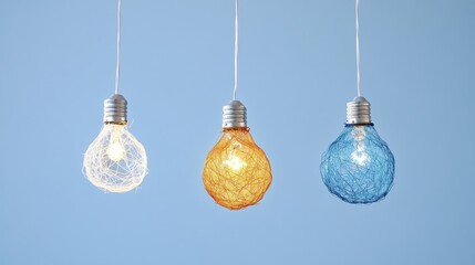 Poster - Three colorful light bulbs hang in intricate patterns against a soft sky blue background