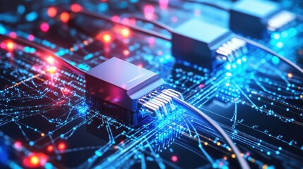 Poster - Close-up of futuristic tech; glowing circuits & processors. Illustrates high-speed data transfer, AI, or network infrastructure.