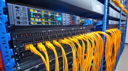 Poster - Network server rack with fiber optic cables. Illustrates high-speed data transfer & connectivity.