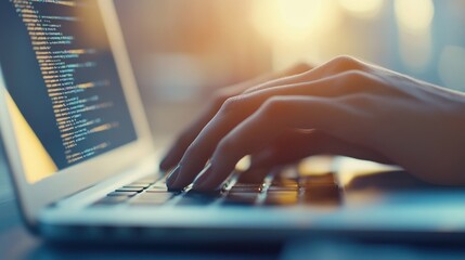 Programmer Typing Code on Laptop at Sunset, Software Development Concept