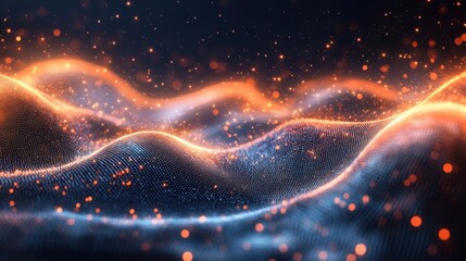 Abstract glowing particle wave; blue and orange. Ideal for tech, science, and network concepts; evokes energy and innovation.
