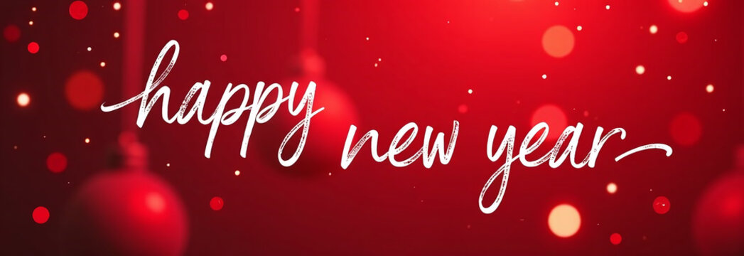 Big white  thin   Letters “happy new year ” over red Christmas blurred background. Christmas card with text Merry Christmas and Happy New Year. For website, banner, postcard