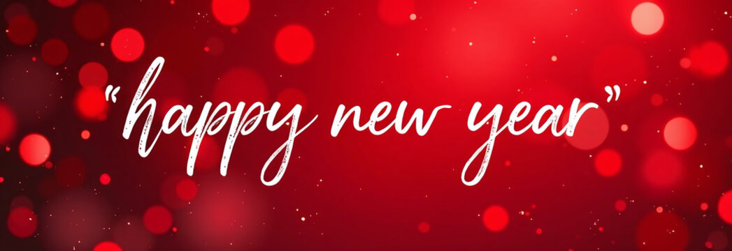 Big white  thin   Letters “happy new year ” over red Christmas blurred background. Christmas card with text Merry Christmas and Happy New Year. For website, banner, postcard