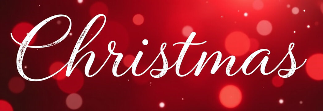 Big white  thin   Letters “Christmas ” over red Christmas blurred background. Christmas card with text Merry Christmas and Happy New Year. For website, banner, postcard
