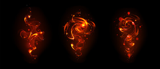 Poster - red spell for magic wand effect with smoke vector. neon swirl for wizard fire with glitter particle.
