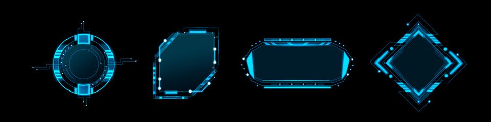 Leinwandbilder - Hud frames set for computer game ui isolated on black background. Vector realistic illustration of neon blue borders, futuristic scifi interface design elements, gaming menu box, abstract circuit chip