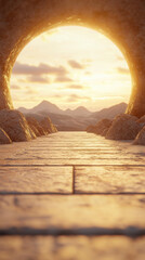 Wall Mural - surreal landscape featuring stone archway leading to glowing sunset over distant mountains. warm light creates tranquil atmosphere, inviting exploration