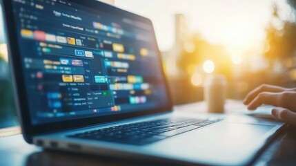 Programmer hands coding software on laptop, digital development workspace, technology concept for business, education, innovation, blurred office background with warm sunlight